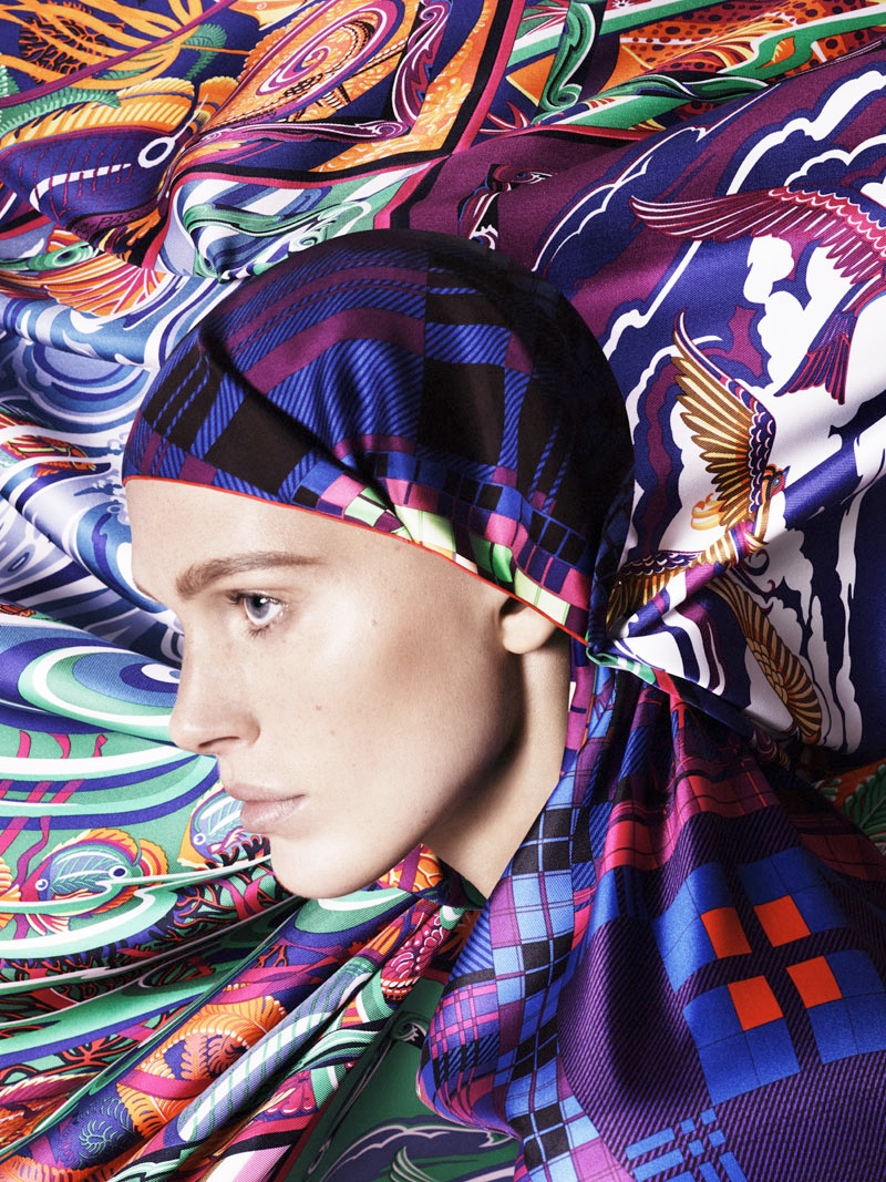 Iselin Steiro Models Hermès Printed Scarves For Spring 14 Catalogue