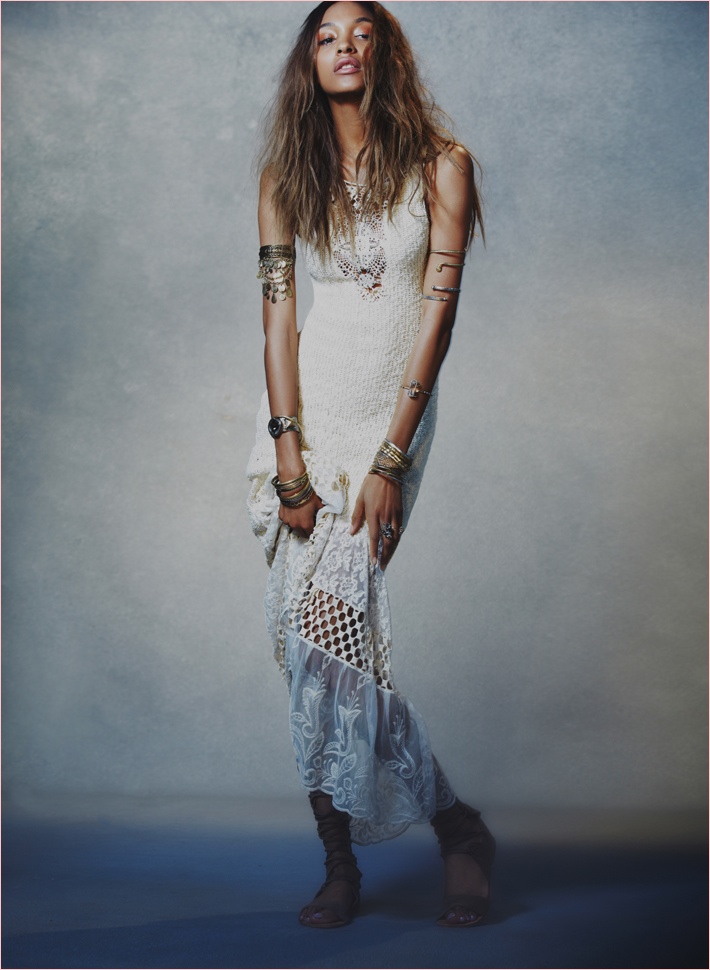 Jourdan Dunn wears a bohemian inspired maxi dress in Free People lookbook. 