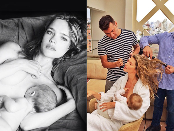 BREASTFEEDING MODELS: (Left) Natalia Vodianova and her son (Right) Gisele Bundchen and her daughter