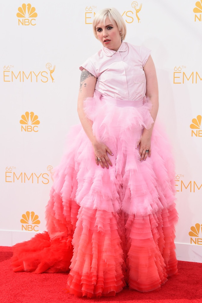 Lena Dunham on the Emmys red carpet in Giambattista Valli Fall 2014 Haute Couture