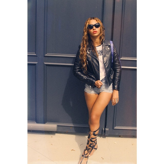 Beyonce wears leather jacket and denim shorts