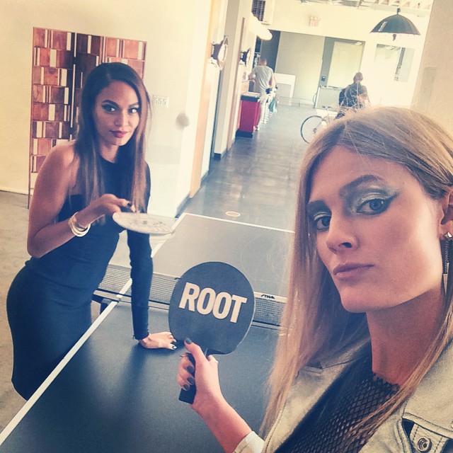Joan Smalls and Constance Jablonski play table tennis