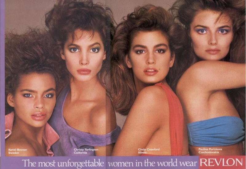 Kersti Bowser, Christy Turlington, Cindy Crawford and Paulina Porizkova in 1980s Revlon Ad