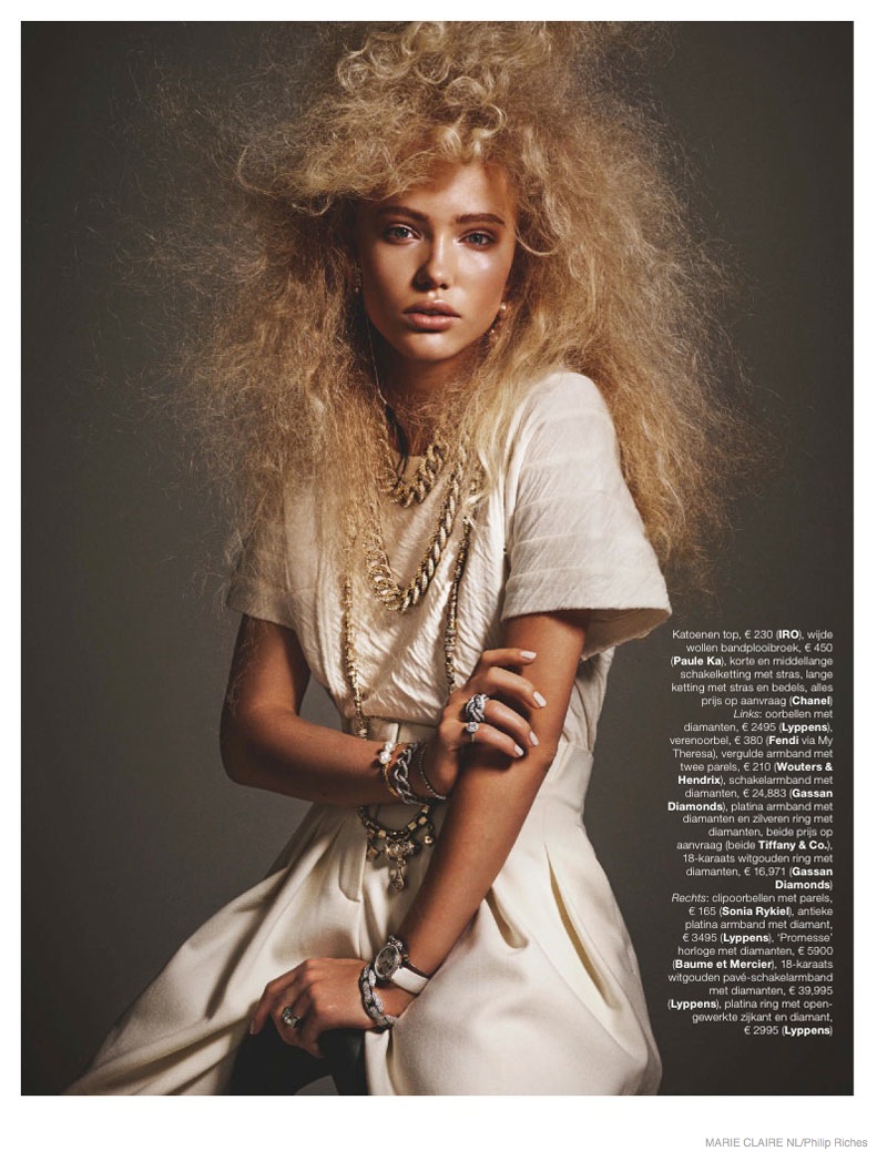 Kim van der Laan Wears Curly Hair & Sparkling Gems for Marie Claire Netherlands