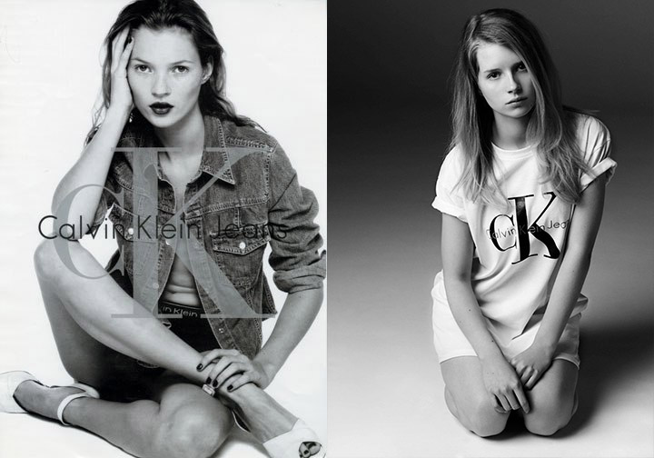 Kate Moss (L) in CK Jeans Ad from 1990s and Lottie Moss (R) in CK Jeans for mytheresa shoot