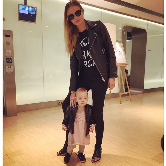 Natasha Poly and her daughter wear leather jackets