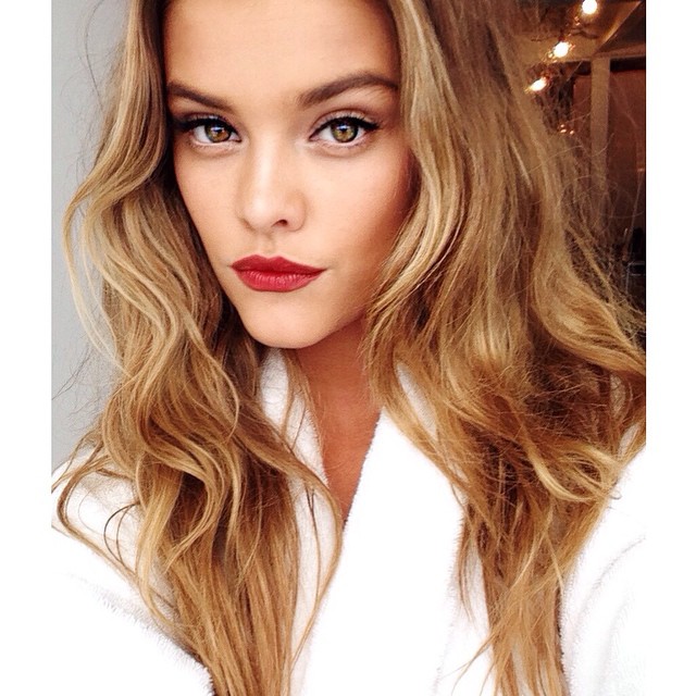 Nina Agdal shares a red lipstick beauty look
