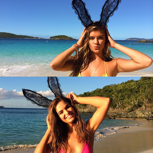 Nina Agdal and Robin Marjoleim wear bunny ears for upcoming Beach Bunny shoot