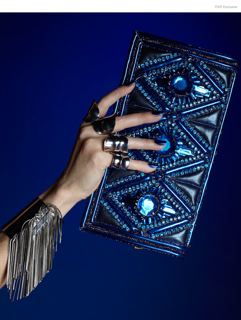 CA & Lou Fringe Cuff, Balmain Metallic Embellished Clutch, Dannijo All Rings, Nail Color Metallica Blue by Kleancolor 