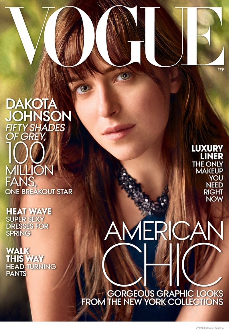 The February 2015 issue of Vogue features "Fifty Shades of Grey" star Dakota Johnson on the cover photographed by Mario Testino.