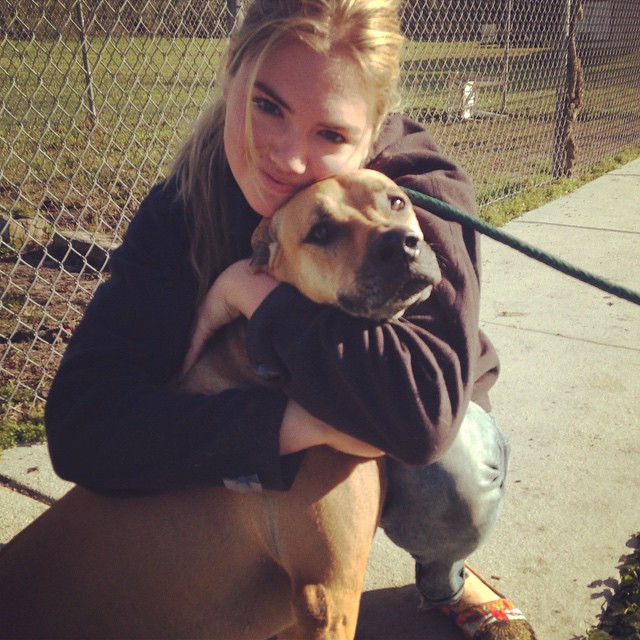 Kate Upton poses with a rescue dog