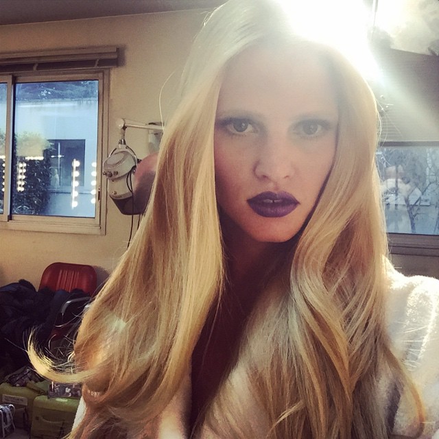 Lara Stone rocks purple lipstick on upcoming L'Oreal Paris shoot