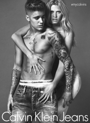 Lara Stone Poses with Justin Bieber for Calvin Klein Jeans Ad Lara Stone Poses with Justin Bieber for Calvin Klein Jeans Ad