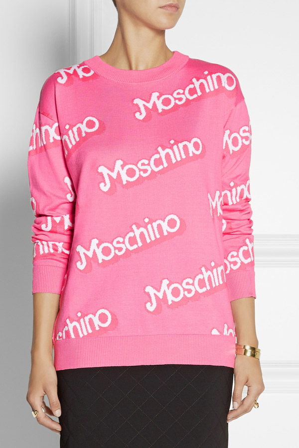 Moschino Pink Intarsia Cotton Logo Sweater available at Net-a-Porter for $750.00