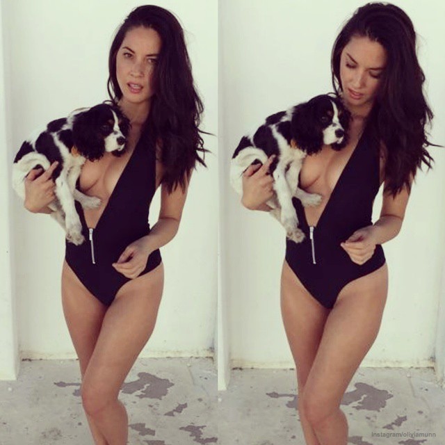 SWIMSUIT BABE: Olivia Munn poses with her dog, Chance, while wearing a low-cut swimsuit look. Photo: Instagram/Oliviamun