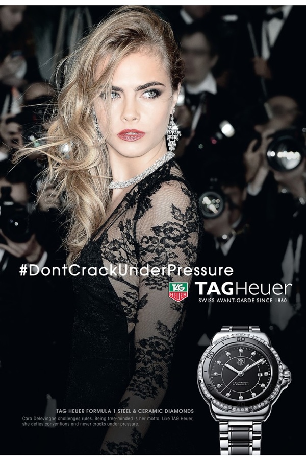 An image from Cara Delevingne's new TAG Heuer ad campaign