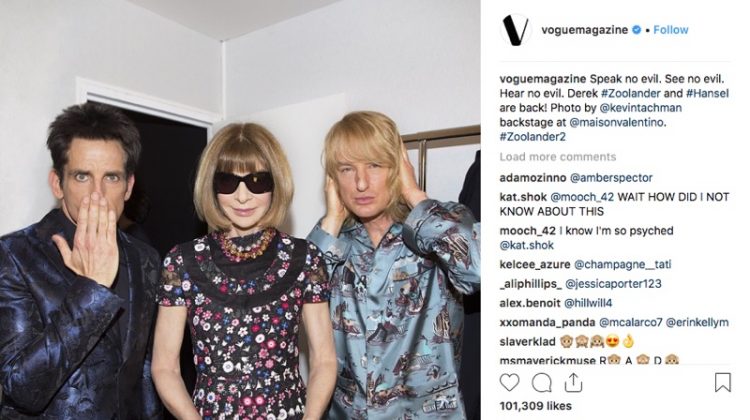 Anna Wintour with Ben Stiller as Derek Zoolander and Owen Wilson as Hansel at Valentino show. The pair walked the runway, in a big announcement for 'Zoolander' 2. Photo: instagram/Vogue