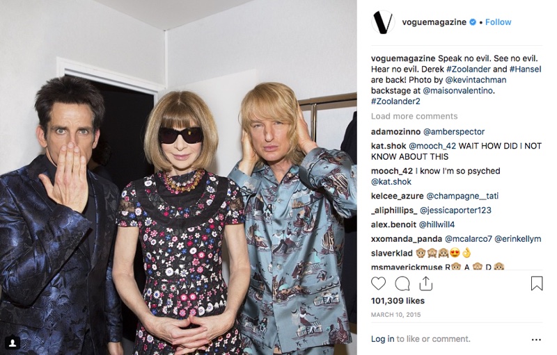 Anna Wintour with Ben Stiller as Derek Zoolander and Owen Wilson as Hansel at Valentino show. The pair walked the runway, in a big announcement for 'Zoolander' 2. Photo: instagram/Vogue