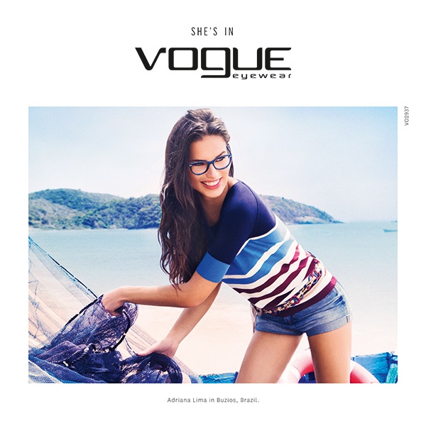 At the beach, Adriana models an optical style from the eyewear brand. 