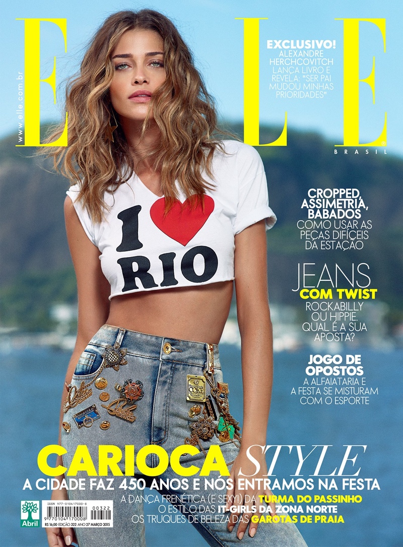 Ana Beatriz Barros covers the March 2015 issue of Elle Brazil in a crop top and denim. 