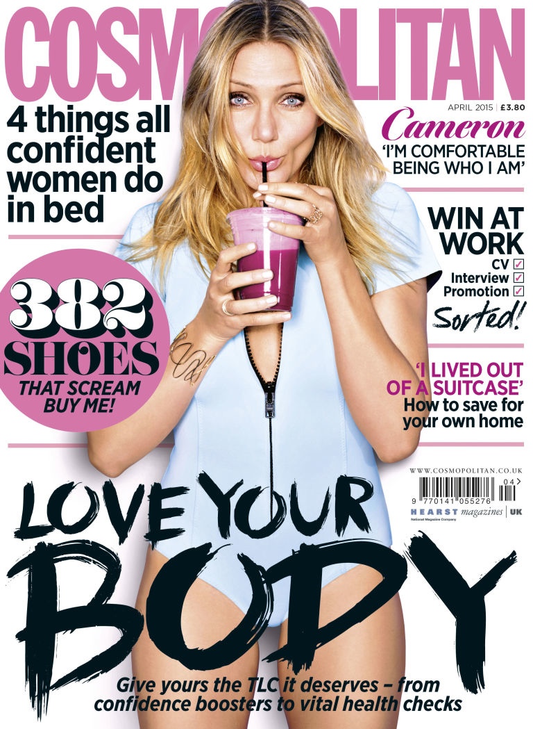Cameron Diaz graces the April 2015 cover of Cosmopolitan UK, wearing a blue bodysuit. 