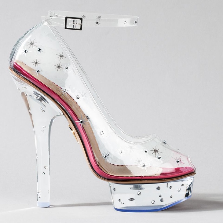 Charlotte Olympia created a transparent platform shoe for her design featuring her signature  PVC and perspex materials with star and crystal adornments. 