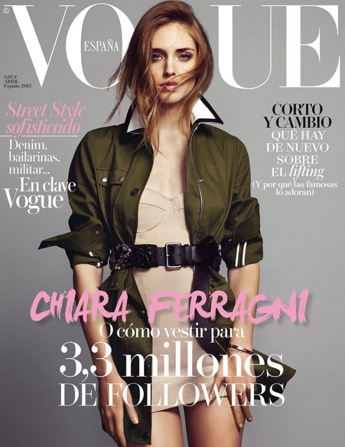 Fashion blogger Chiara Ferragni poses on the April 2015 cover from Vogue Spain lensed by Nico. 