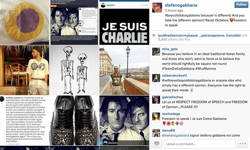 Stefano Gabbana posted a collage of images with the phrase "#boycottdolcegabbana because is different! And you hate the different opinion!! Racist Dictators" on his Instagram. 