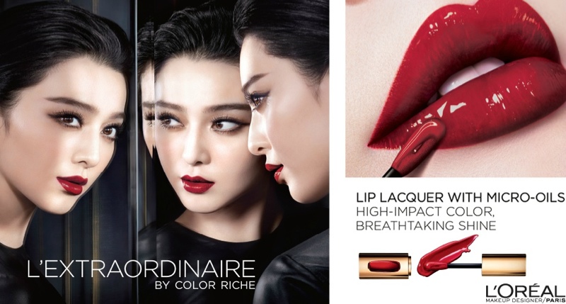 Fan Bingbing wears a deep red lipstick shade in L'Oreal Paris L'Extraordinaire advertisement.