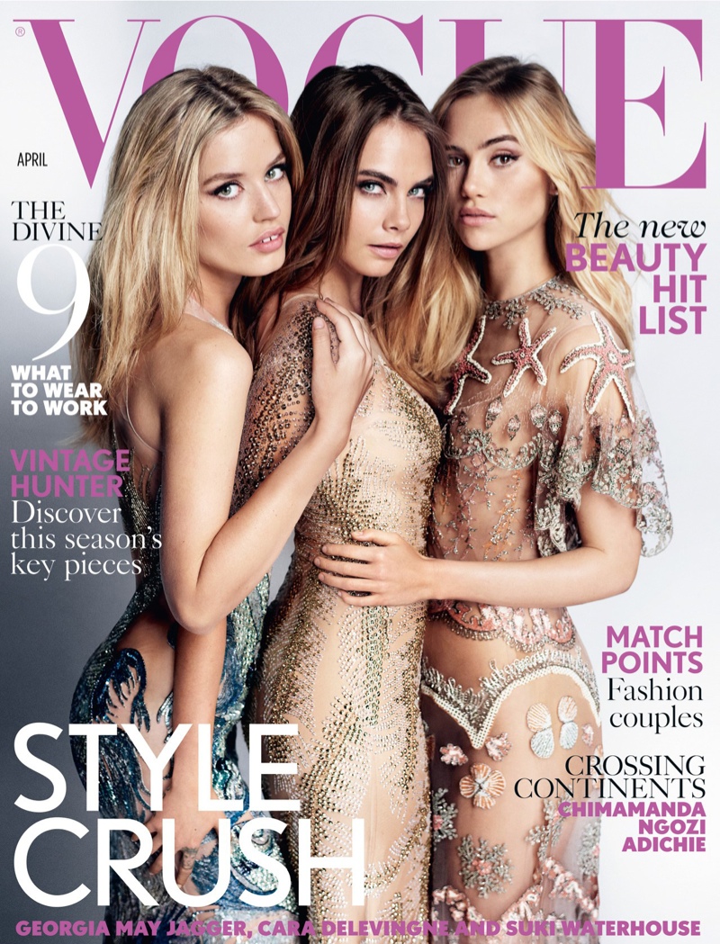 Georgia May Jagger, Cara Delevingne and Suki Waterhouse wear sequin embellished and sheer gowns on Vogue UK April 2015 cover. 