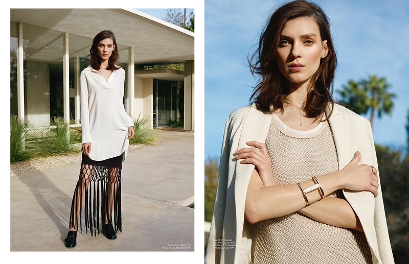 Kati Nescher models neutral hues as well as fringe style for the fashion feature. 