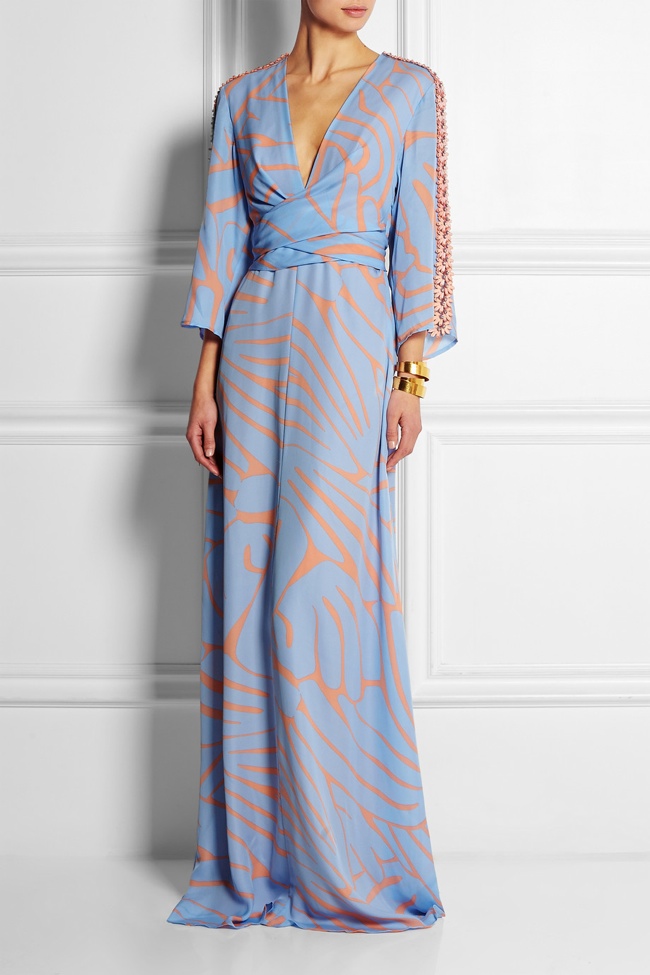 Issa’s ‘Francesca’ printed silk-georgette maxi dress cuts a striking figure with its kimono sleeves and crustal embellishments. Dress available at Net-a-Porter.