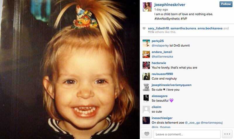 Model Josephine Skriver posted an image of herself as a child on Instagram, pointing to the Dolce & Gabbana controversy. Josephine is a child of IVF. 