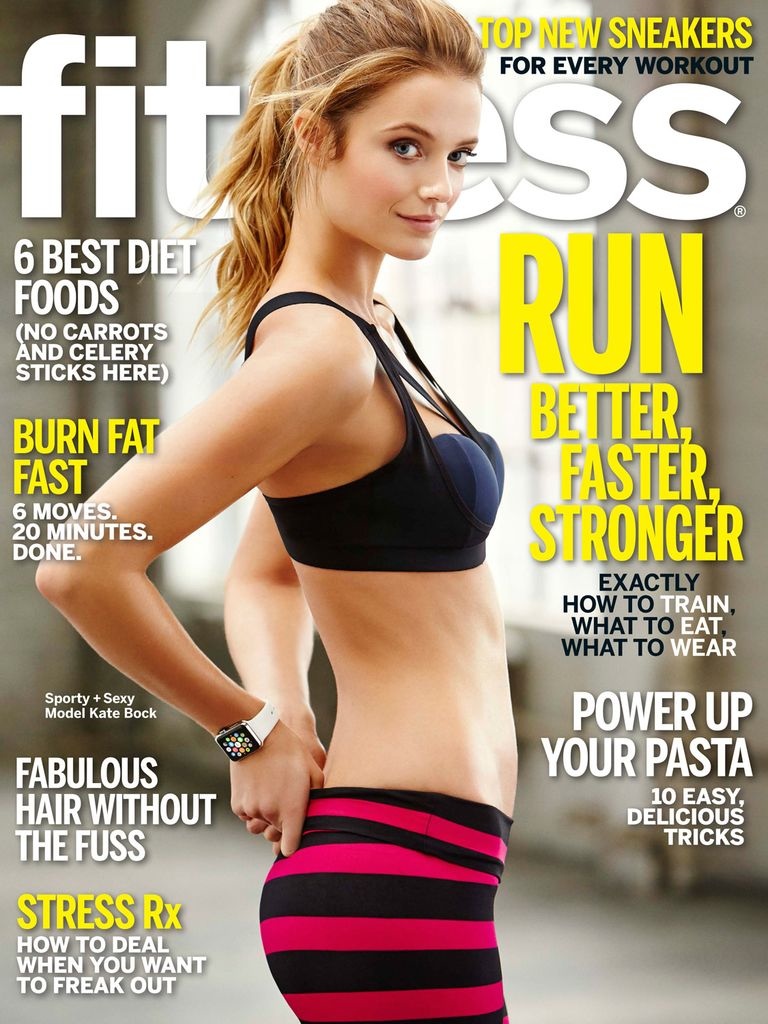 Kate Bock wore the Apple Watch in white on the cover of Fitness Magazine April 2015. Photo: Matthew Hawthorne