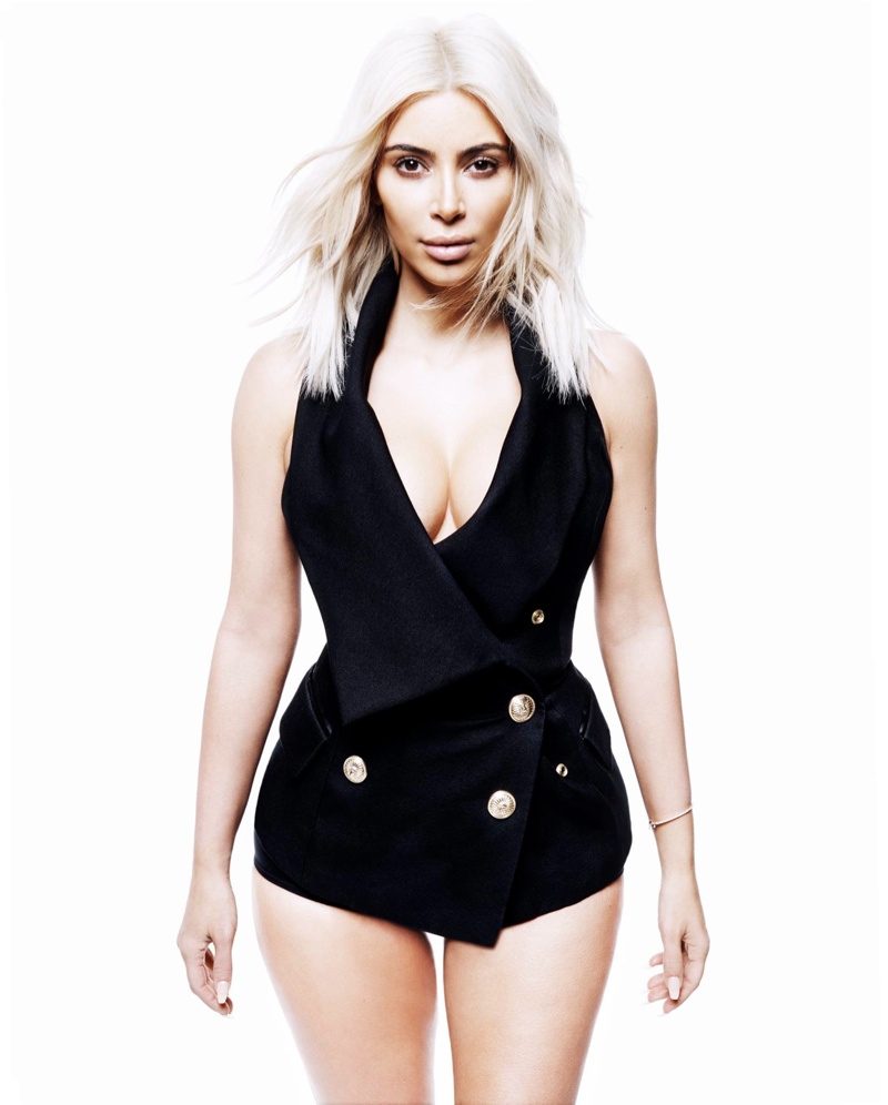 Kim shows off her platinum blonde hair in the photo shoot. 