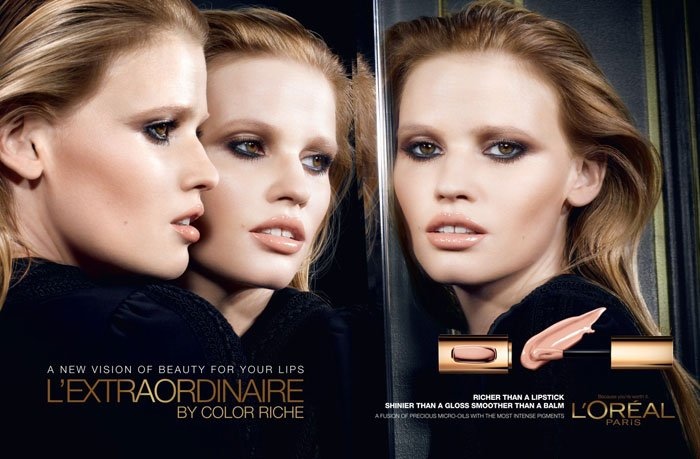 Lara Stone wears a nude lipstick shade in L'Oreal Paris L'Extraordinaire advertisement.