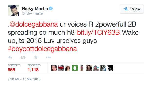 Ricky Martin told Dolce & Gabbana to love themselves on his Twitter feed. 