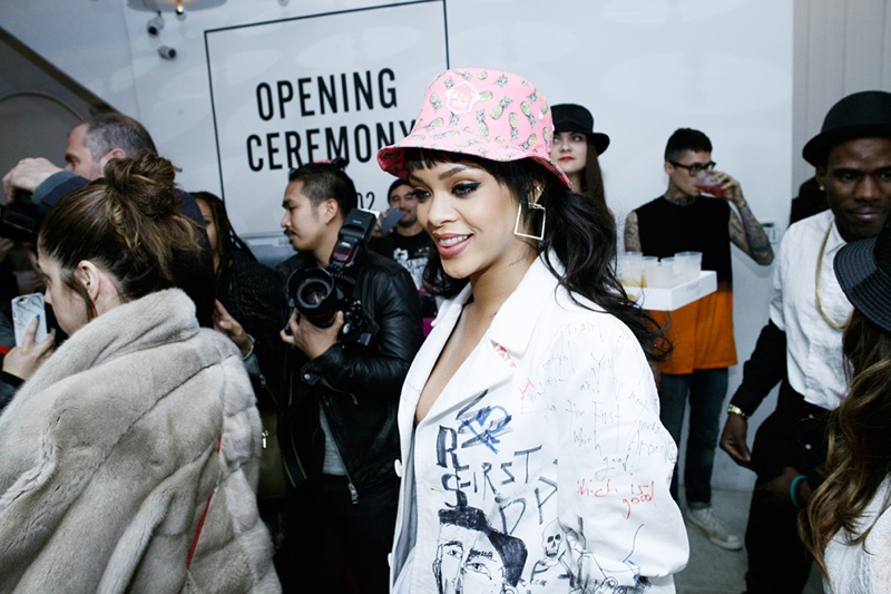 Rihanna at her friend Melissa Forde's bucket hat launch at Opening Ceremony. Photo via OC