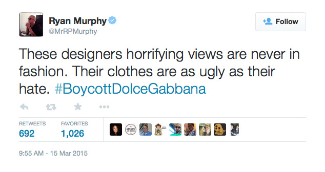 Ryan Murphy commented on the Dolce & Gabbana controversy on his Twitter page. 