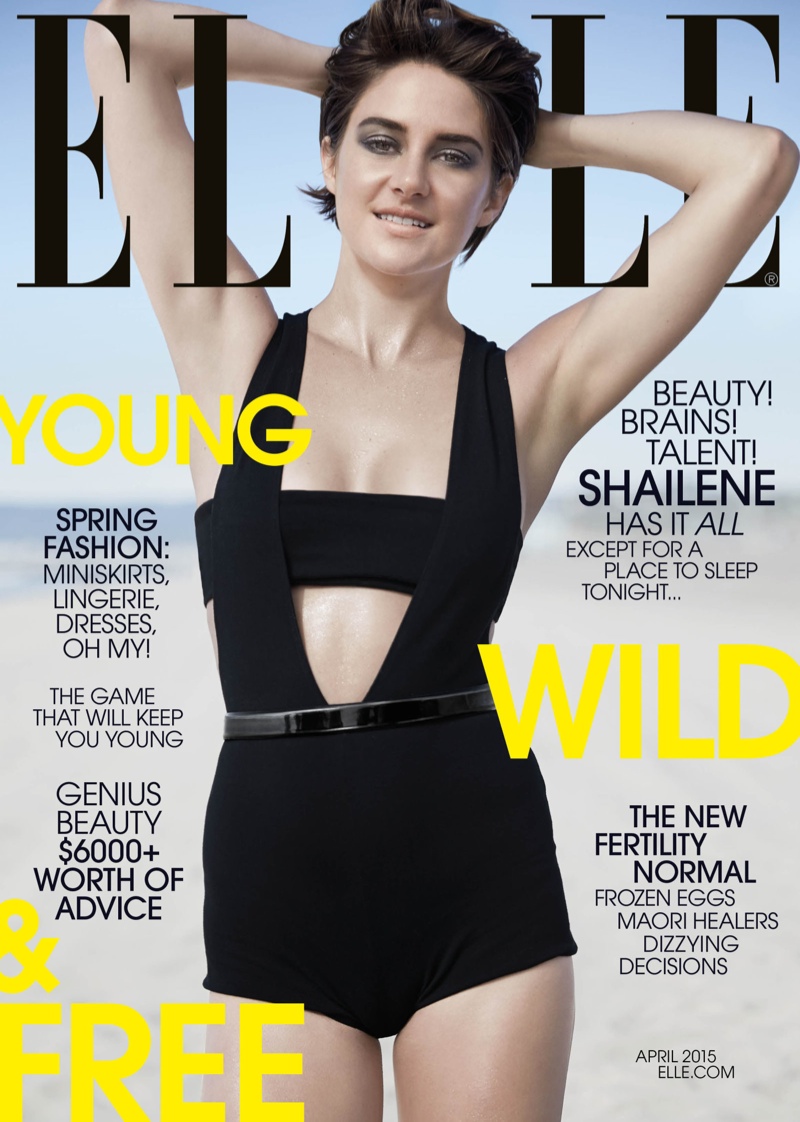 Shailene Woodley graces the April 2015 cover of ELLE US wearing a Balmain bodysuit and bralette in black. 