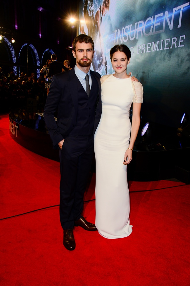 Shaiiene Woodley poses with co-star Theo James at the 'Insurgent' world premiere in London.  