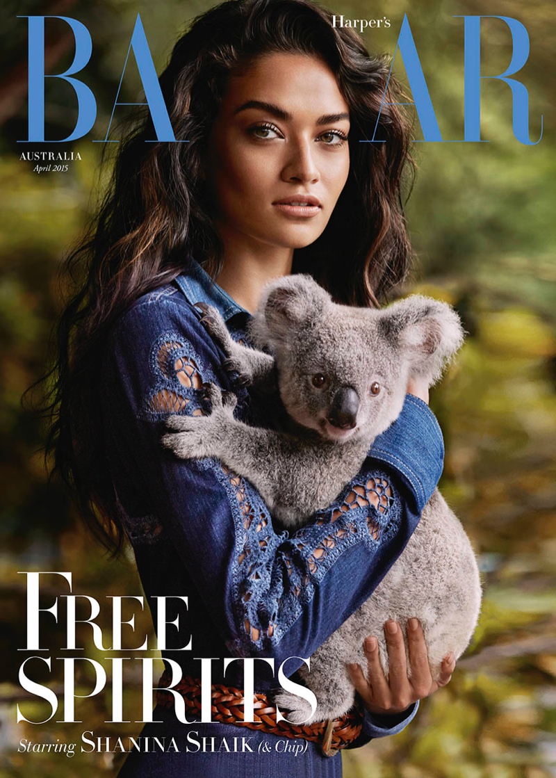 Shanina Shaik and a koala bear star on the April 2015 cover of Harper's Bazaar Australia. 