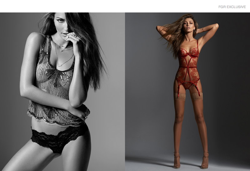 (L) Andrea Salazar Seta Beaded Top, Fleur Dul Mar Underwear, Nadri Layered Necklaces, Gorjana Stackable Rings (R) Agent Provocateur Lingerie Set, Wolford Hosiery, Christian Louboutin Peep Toe Minkoff, Aurelie Bidermann & Rebbeca Minkoff Cuffs, Amber Sceats Ear Cuffs