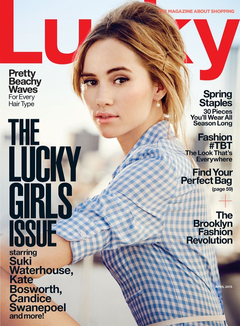 Suki Waterhouse graces the April 2015 cover of Lucky Magazine.