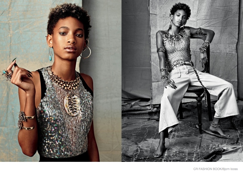 Willow wears opulent jewelry and eclectic looks for CR Fashion Book. 