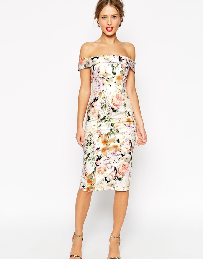 ASOS WEDDING 'Bardot' Floral Off Shoulder Pencil Dress available for $118.00