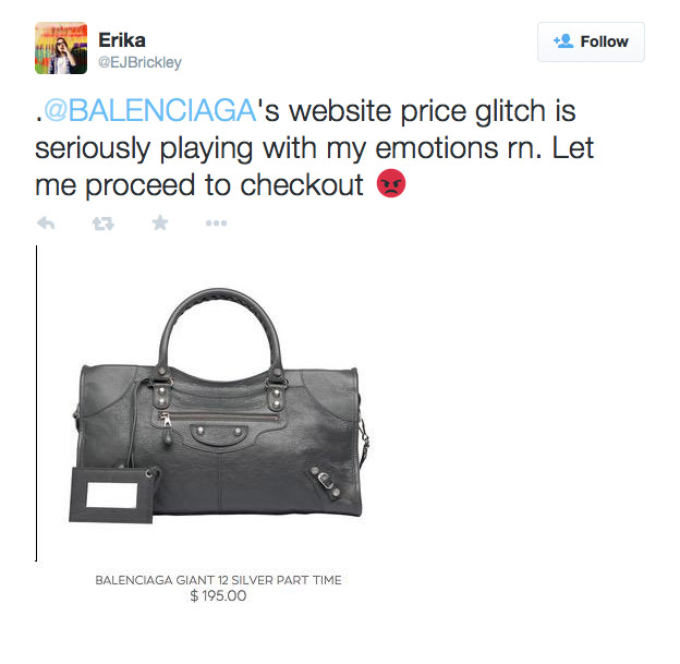 Balenciaga's website glitch priced bags valued at nearly $2,000 at under $200. Talk about a steal! Photo: Twitter. 