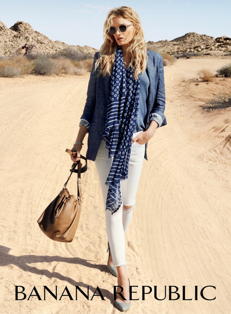 Lily layers in a light scarf and two types of denim for the advertisments
