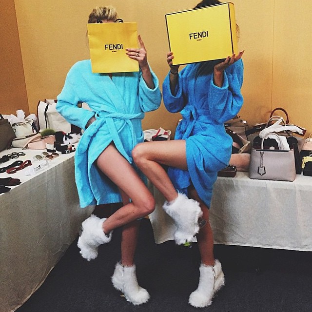 Kendall Jenner + Lily Donaldson behind the scenes at Fendi F/W 2015 campaign. Photo via Instagram. 