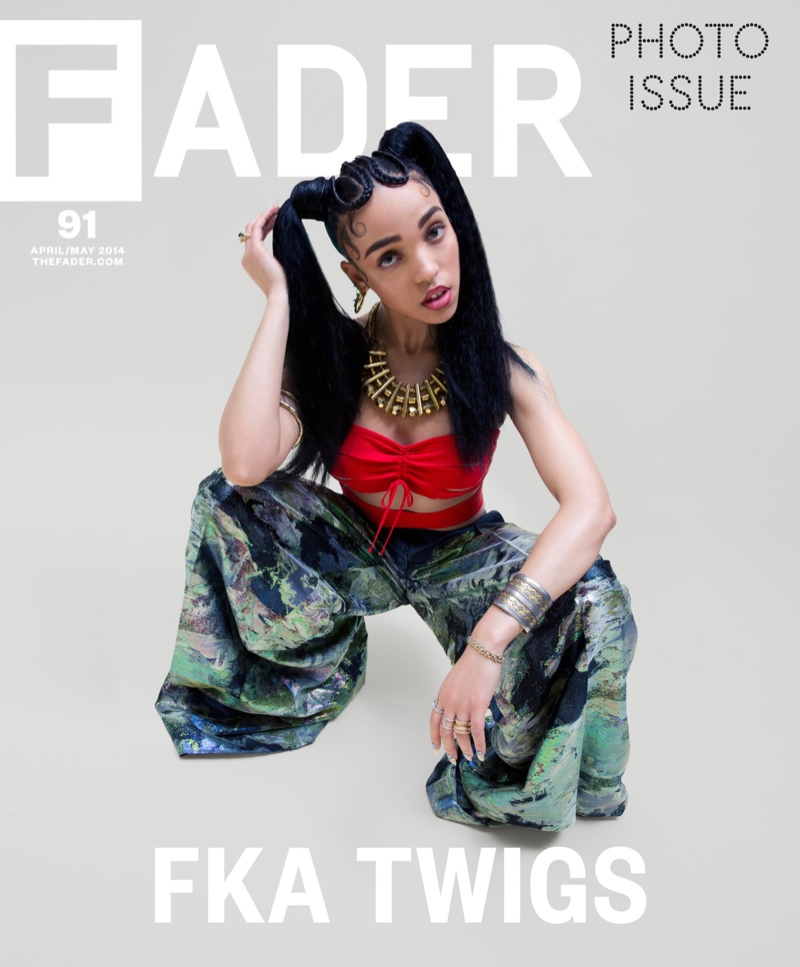 FKA Twigs wears her trademark pigtails, red top and baggy trousers on Fader Magazine cover. 